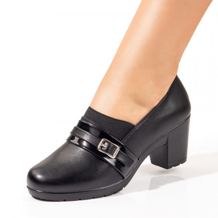 Pantofi cu toc gros dama, Pantofi dama cu toc gros si insertie de material elastic negri ZEF10490 - zeforia.ro