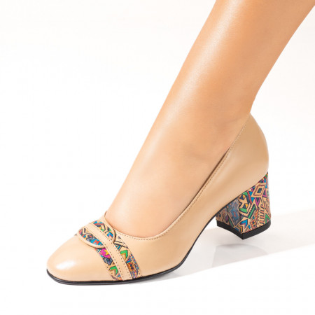 Pantofi dama, Pantofi dama cu toc gros si print bej din Piele naturala MOD10224, modlet.ro