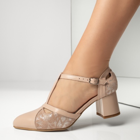 Pantofi dama cu toc gros si print bej din Piele naturala MOD13600