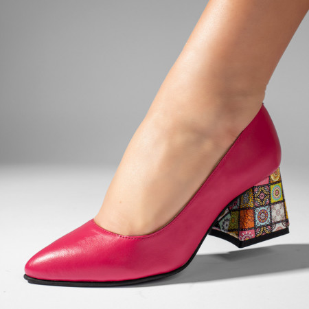 Pantofi cu toc, Pantofi dama cu toc gros si print roz din Piele naturala ZEF09737 - zeforia.ro