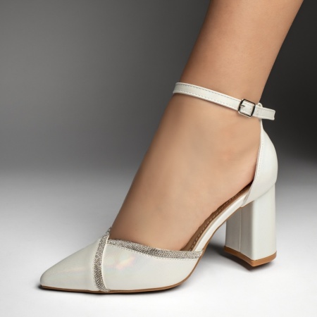 Pantofi dama cu toc gros si strasuri aplicate albi ZEF13538