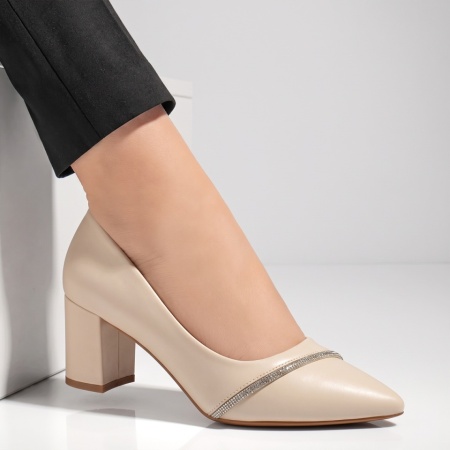 Pantofi dama cu toc gros si strasuri bej IRIS36, 3, modlet.ro