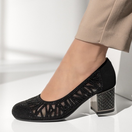 Pantofi dama cu toc gros si strasuri negri suede ANA81, 3, modlet.ro