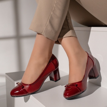 Pantofi dama cu toc gros si varf lacuit visinii MOD12119, 3, modlet.ro