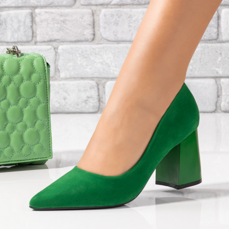 Pantofi cu toc gros dama, Pantofi dama cu toc gros verde suede ZEF06135 - zeforia.ro