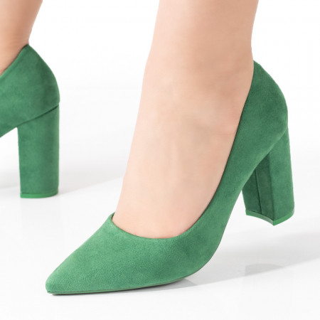 Pantofi cu toc gros dama, Pantofi dama cu toc gros verde suede ZEF08568 - zeforia.ro