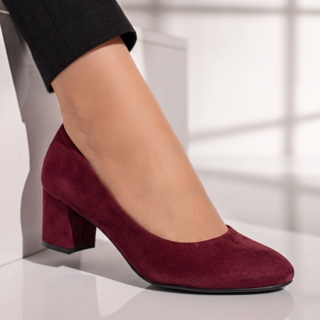 Pantofi dama cu toc gros visiniu suede INA27, 2, modlet.ro