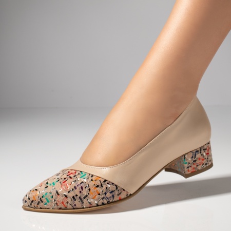 Pantofi dama, Pantofi dama cu toc mic bej cu print din Piele naturala MOD12143, modlet.ro