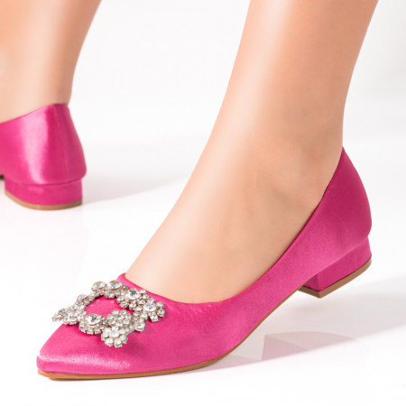 Pantofi dama cu toc mic din satin roz MDL09402