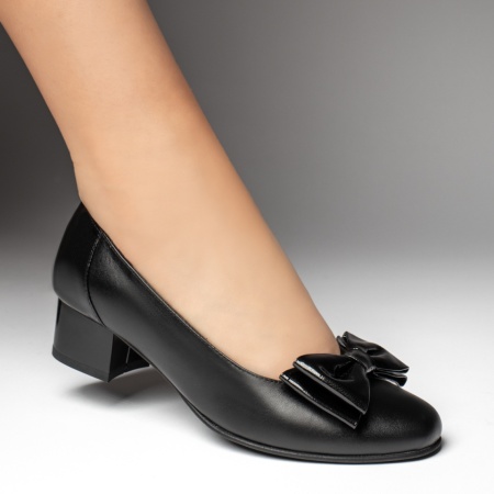 Pantofi dama cu toc mic si fundita negri din Piele naturala MOD13481, 4, modlet.ro