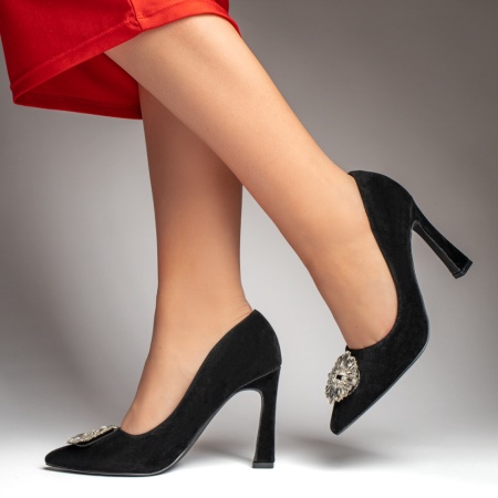 Pantofi dama, Pantofi dama cu toc si accesoriu decorativ negru suede MOD12761, modlet.ro
