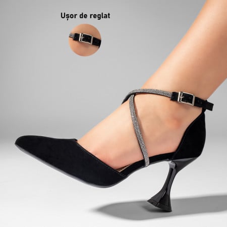 Pantofi dama, Pantofi dama cu toc si aplicatii cu pietre negri suede ZEF10987 - zeforia.ro