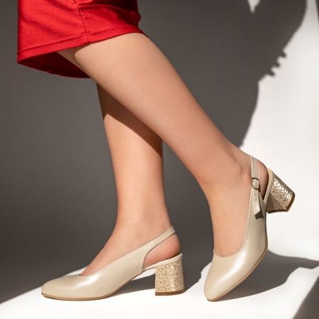 Pantofi dama cu toc si bareta bej suede din Piele naturala ZEF13478