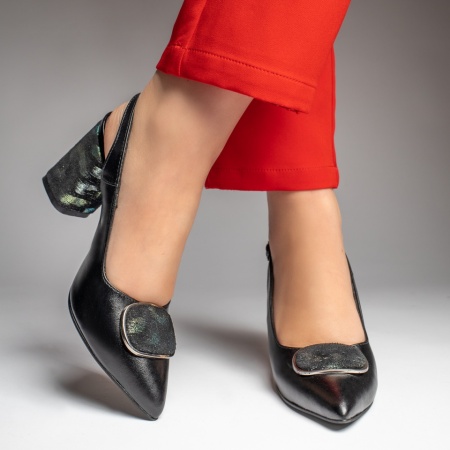 Pantofi dama cu toc si bareta negri cu imprimeu multicolor din Piele naturala ZEF13130, 3, zeforia.ro