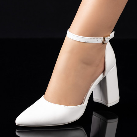 Pantofi cu toc gros dama, Pantofi dama cu toc si bareta pe glezna albi ZEF08565 - zeforia.ro