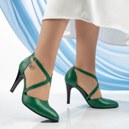 Pantofi dama cu toc si bareta verzi din Piele naturala MOD13483, 3, modlet.ro