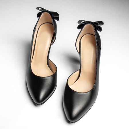 Pantofi dama cu toc si fundita negri din Piele naturala ZEF13485, 5, zeforia.ro