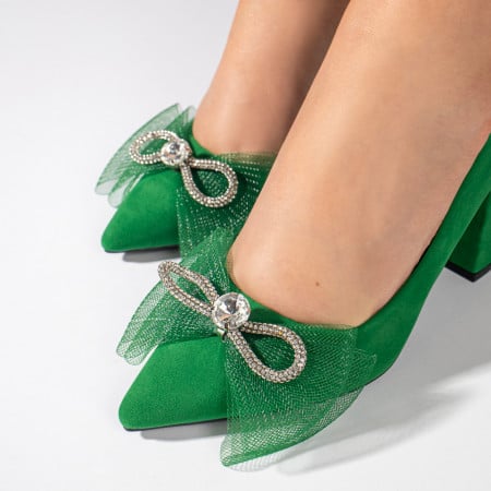 Pantofi dama cu toc si fundita verde suede ZEF10991, 5, zeforia.ro