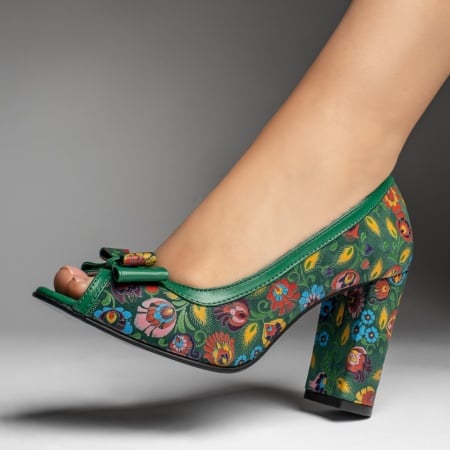 Pantofi cu toc gros dama, Pantofi dama cu toc si fundita verzi cu model floral din Piele naturala ZEF13131, zeforia.ro