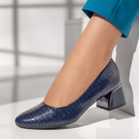 Pantofi dama, Pantofi dama cu toc si imprimeu albastri cu aspect lucios MOD12132, modlet.ro