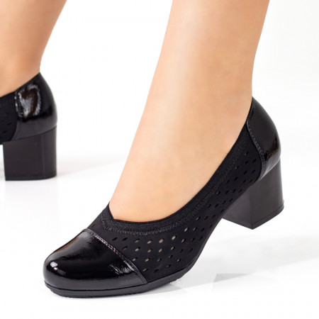 Pantofi cu toc gros dama, Pantofi dama cu toc si insertie de material elastic negri ZEF08714 - zeforia.ro