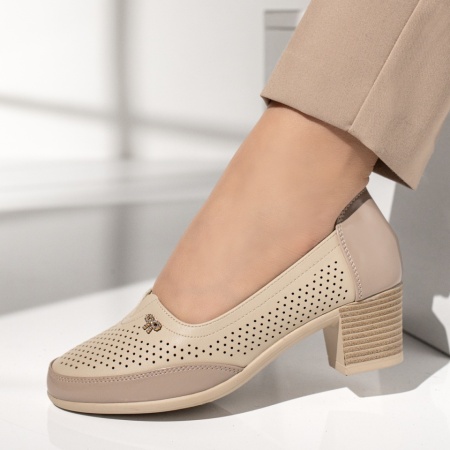 Pantofi dama cu toc si perforatii bej MOD13356, 2, modlet.ro