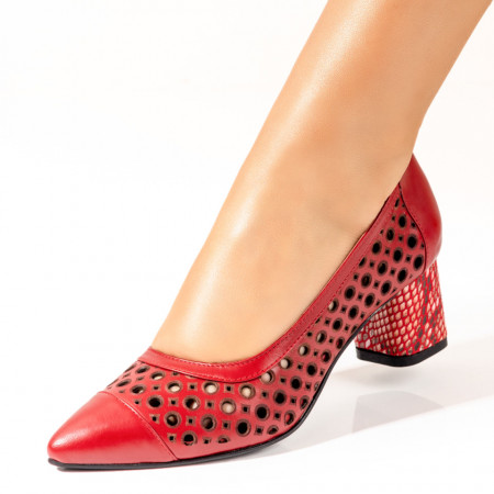 Pantofi cu toc, Pantofi dama cu toc si perforatii rosii din Piele naturala ZEF10233 - zeforia.ro
