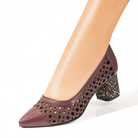 Pantofi cu toc, Pantofi dama cu toc si perforatii visinii glitter din Piele naturala ZEF10233 - zeforia.ro