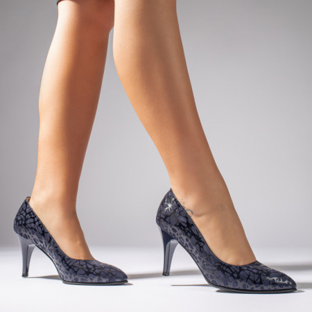 Pantofi cu toc, Pantofi dama cu toc subtire si print albastri din Piele naturala ZEF07630 - zeforia.ro