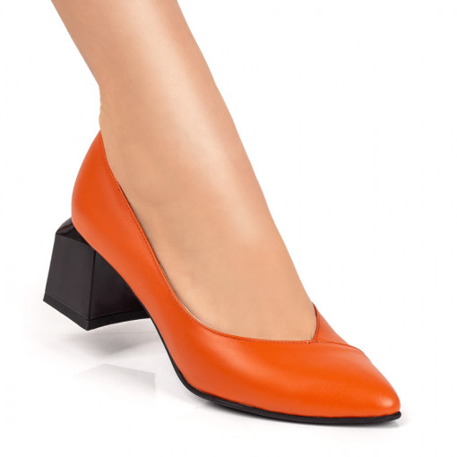 Pantofi cu toc gros dama, Pantofi dama portocalii cu toc gros din Piele naturala ZEF033890 - zeforia.ro