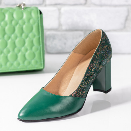 Pantofi cu toc, Pantofi dama verzi cu print din Piele naturala ZEF01491 - zeforia.ro