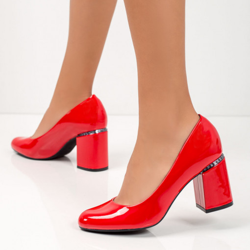 Pantofi rosii dama cu toc gros si aspect lacuit MDL02837