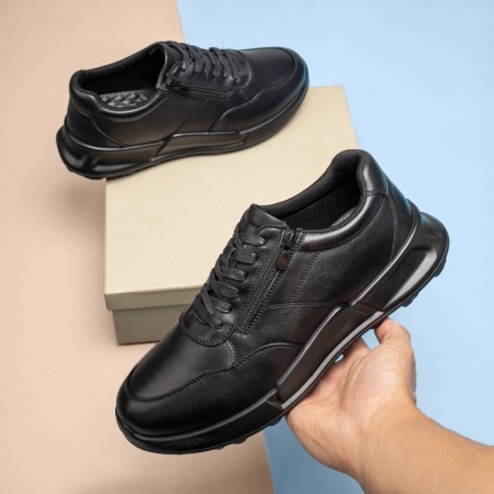 Pantofi sport barbati cu siret si fermoar negri din Piele naturala MOD13966