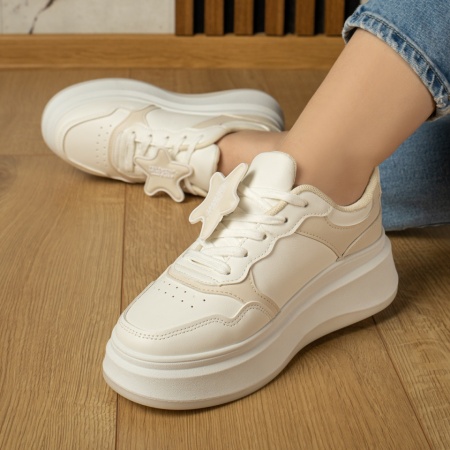 Adidasi dama, Pantofi sport dama cu siret si talpa groasa alb cu bej MOD13024, modlet.ro
