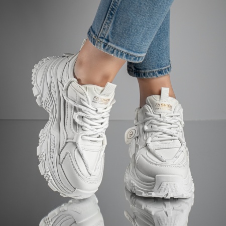 Adidasi dama, Pantofi sport dama cu siret si talpa groasa albi MOD11697, modlet.ro