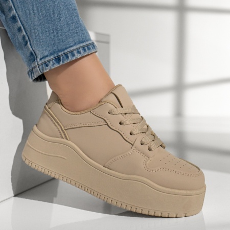 Pantofi sport dama cu siret si talpa groasa khaki MOD12996, 3, modlet.ro