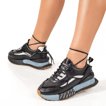 REDUCERI INCALTAMINTE, Pantofi sport dama cu siret si talpa groasa negri cu albastru MOD09912, modlet.ro
