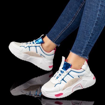 Adidasi dama, Pantofi sport dama cu talpa groasa albi cu albastru si roz ZEF10426 - zeforia.ro