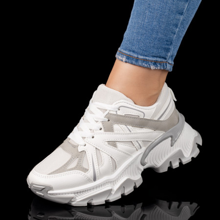 REDUCERI INCALTAMINTE, Pantofi sport dama cu talpa groasa albi cu gri MOD09787, modlet.ro
