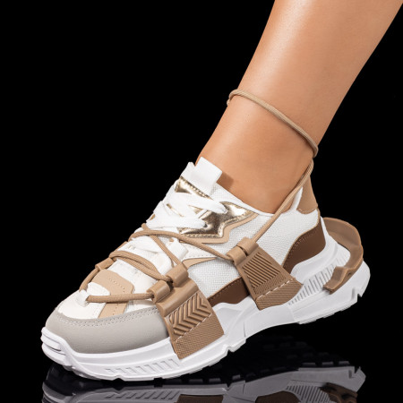 REDUCERI INCALTAMINTE, Pantofi sport dama cu talpa groasa albi cu khaki MOD09410, modlet.ro