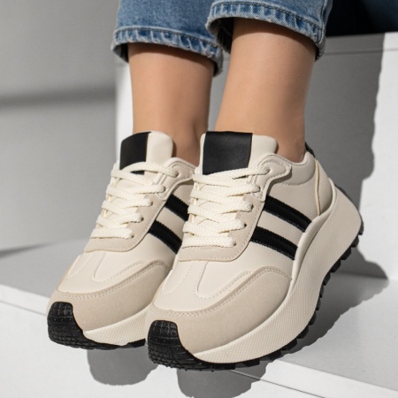 Adidasi dama, Pantofi sport dama cu talpa groasa bej cu negru MOD12999, modlet.ro