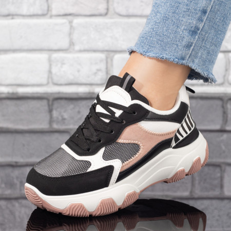 REDUCERI INCALTAMINTE, Pantofi sport dama cu talpa groasa negri cu roz MOD09905, modlet.ro