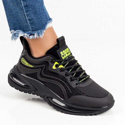 Adidasi dama, Pantofi sport negru cu verde dama cu siret si talpa groasa ZEF06265 - zeforia.ro