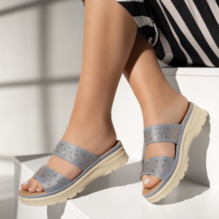 Papuci casual dama cu pietre aplicate albastri ZEF13505