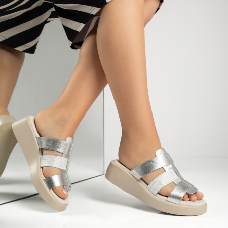 Papuci casual dama cu platforma argintii din Piele naturala MOD13625, 4, modlet.ro