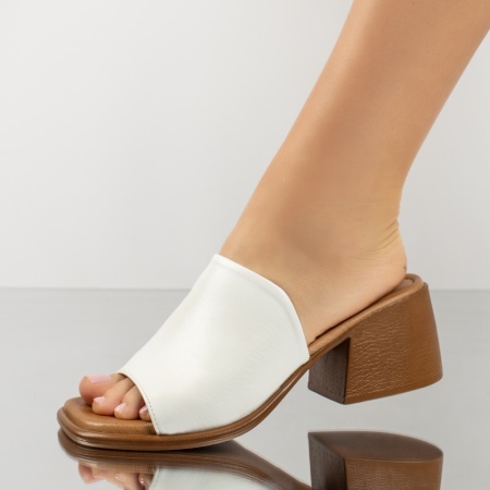Papuci casual dama cu toc gros albi din Piele naturala ZEF13627