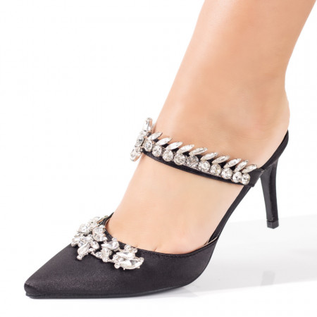 Papuci si slapi dama, Papuci dama cu toc subtire negri din satin MOD09135, modlet.ro