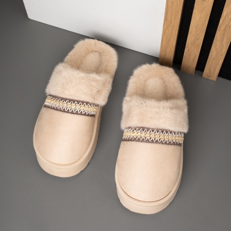 Papuci de casa dama cu talpa groasa bej suede MOD14121