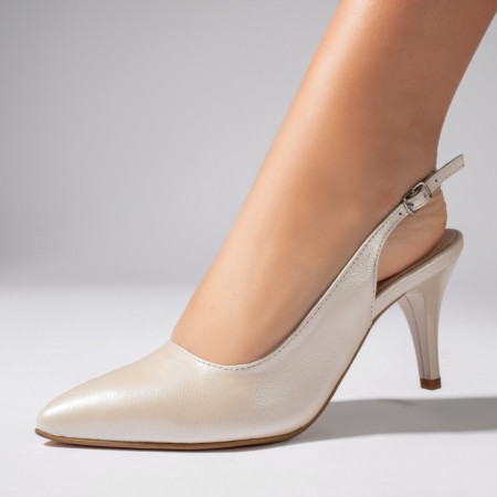 Sandale cu toc, Sandale cu toc subtire albe sidef dama din Piele naturala MOD11259, modlet.ro