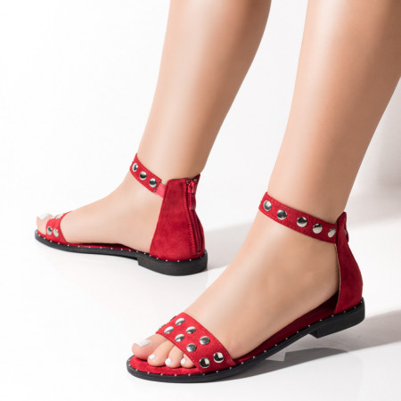 Sandale joase dama, Sandale dama cu fermoar si aplicatii metalice rosii suede ZEF09658 - zeforia.ro